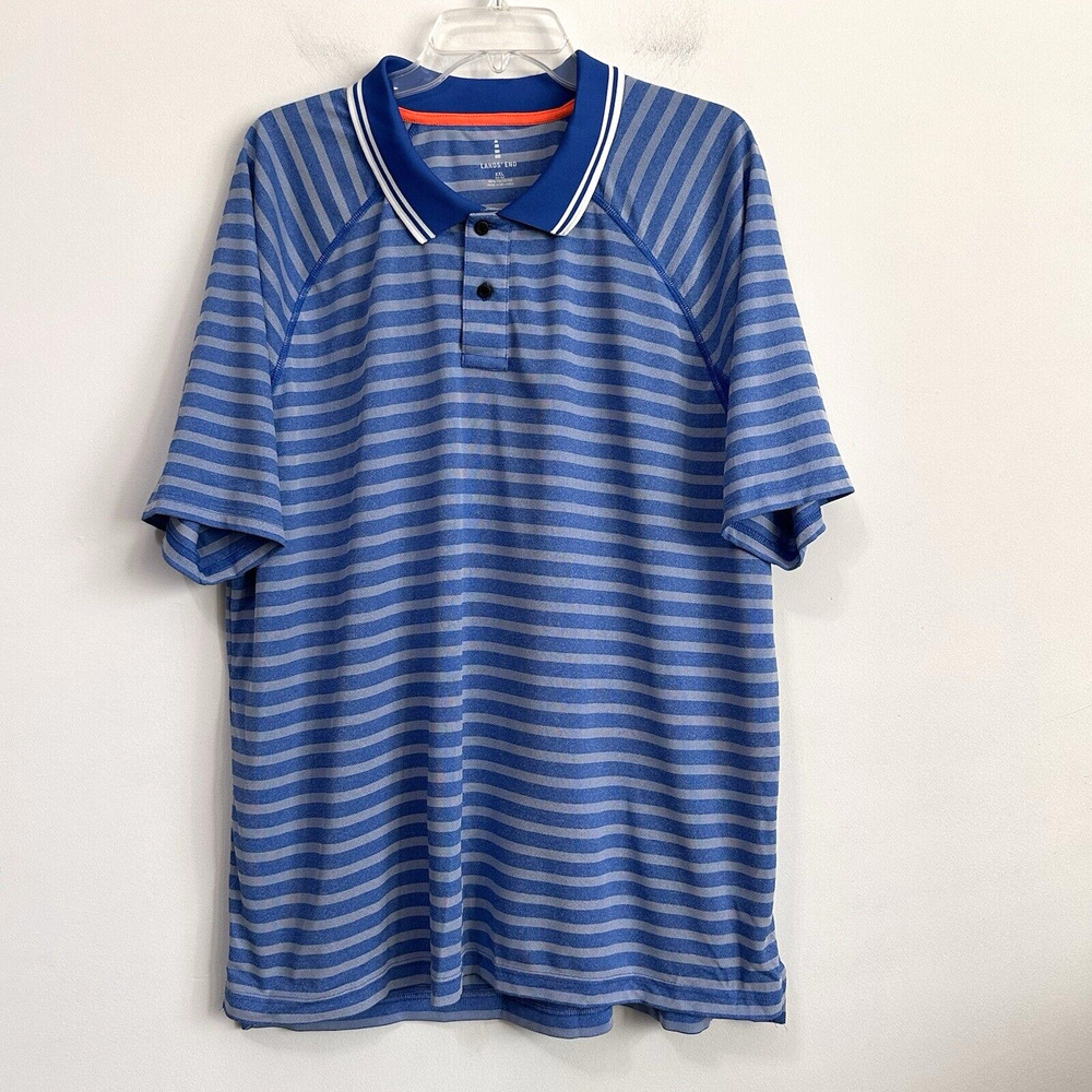Lands End Mens Polo Shirt XXL‎ Blue Stripe Short Sleeve Golf Breathable Summer
